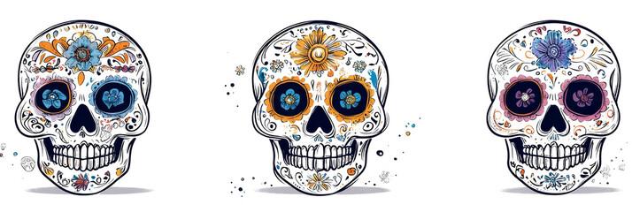 Colorful Dia de Muertos skull doodle illustrations showcasing vibrant designs on white background