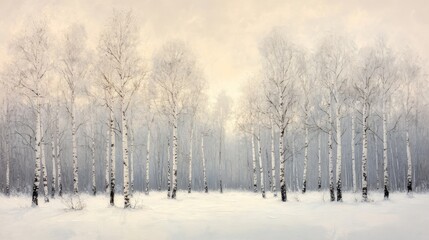 Fototapeta premium A Snowy Birch Forest in the Soft Light of Dawn