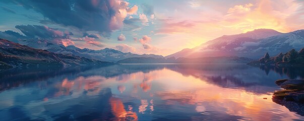 Tranquil lake at sunset with vibrant colors in the sky, 4K hyperrealistic photo