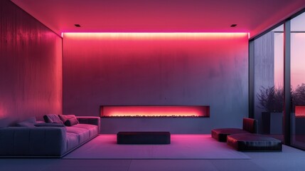 Modern living room with a pink LED light strip, a fireplace, and contemporary furniture