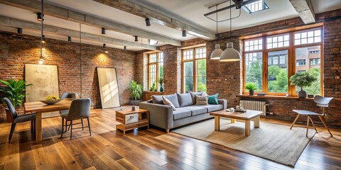 Exposed brick wall and wooden floors become the canvas for a modern makeover, as fresh paint and stylish