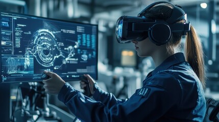 Woman Experiencing Virtual Reality in a Futuristic Control Room