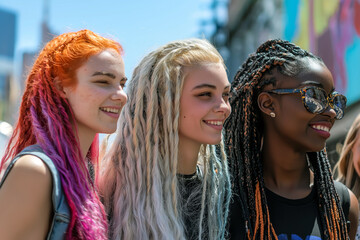 Fototapeta premium Group of friends with different braided hairstyles, enjoying a day out in the city, showcasing diverse styles.