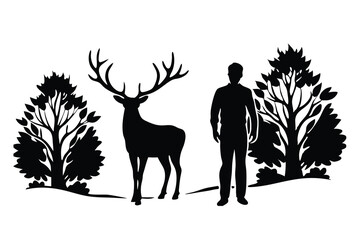 A silhouette of a man standing beside a deer in a serene wooded environment, capturing a moment of nature's tranquility flat vector illustration on white background