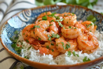 A serving of garlic butter shrimp, cooked to perfection and garnished with fresh parsley, served with a side of rice