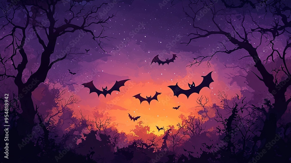 Wall mural bats soar through a twilight forest, creating a serene yet mysterious atmosphere. the darkening sky 