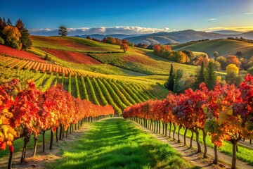 Naklejka premium Grapevines with red, green, and orange leaves adorn the landscape, set against a backdrop of green rolling hills and a brilliant autumn sky.