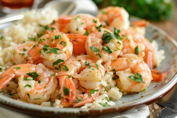 A serving of garlic butter shrimp, cooked to perfection and garnished with fresh parsley, served with a side of rice