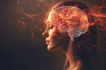 Psychological resilience Impulse control Portrait of a woman with a glowing brain in a dark fiery background symbolizing intense thought cognitive overload and the power of the mind
