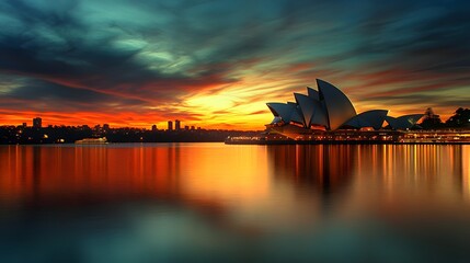 Obraz premium 68. **Visualize the Sydney Opera House with a twilight sky and the city lights reflecting in the harbor waters.**