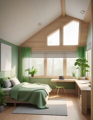 Green and Wood Bedroom Interior Design with Large Windows