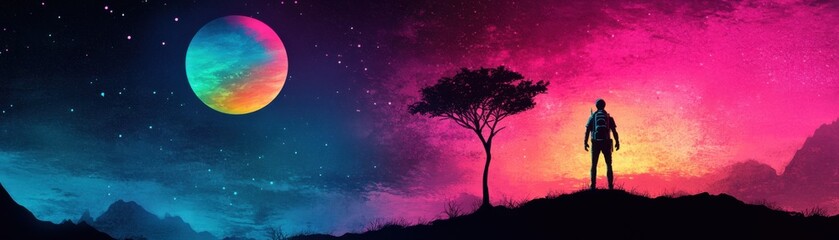 Alien Encounter: Vibrant Pixel Art Landscape with Exotic Flora, Distant Planets, and Intrepid Explorers