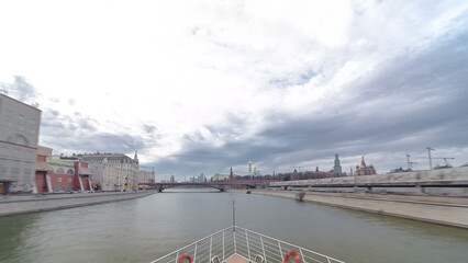 Moscow River. River cruise ships on the Moscow river winter timelapse hyperlapse