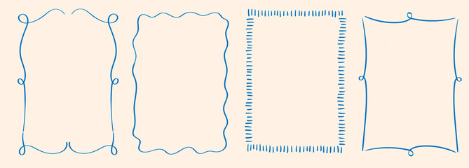 Rectangle  wavy scallop frame in doodle trendy style. Border with elegant  outline loop for greeting cards. Rectangular shapes with curvy and jagged borders.  © Nastya