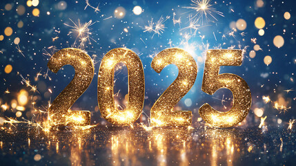 2025 golden on New Year dark background with fireworks. Celebration New Year's Eve. Golden fireworks on dark night sky