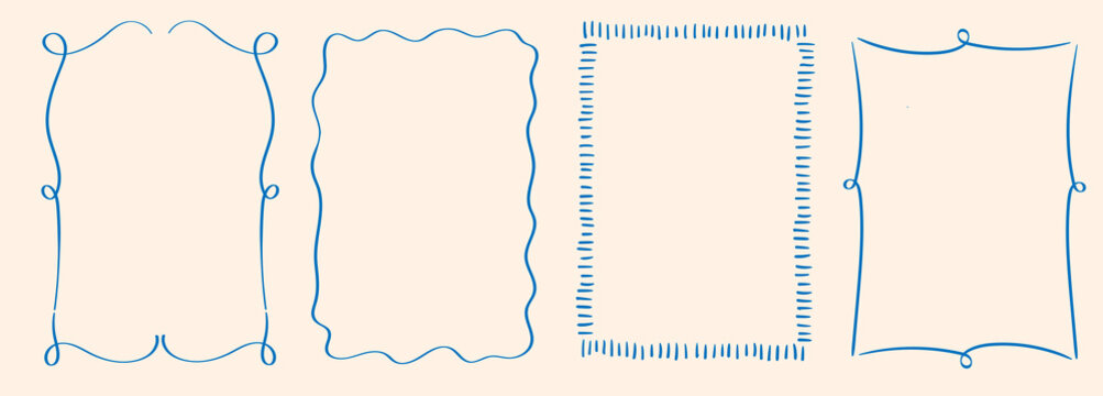 Rectangle  wavy scallop frame in doodle trendy style. Border with elegant  outline loop for greeting cards. Rectangular shapes with curvy and jagged borders. 