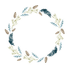 Watercolor Christmas wreath. A round frame with fir branches and cones. PNG clipart.