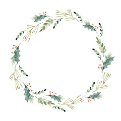 Watercolor Christmas wreath. A round frame with fir branches, leaves, holly, red berries. PNG clipart.