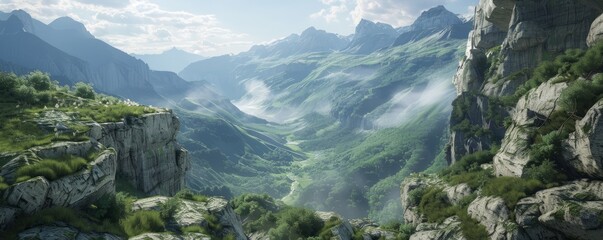 Rocky cliffs overlooking a deep mountain valley, 4K hyperrealistic photo,