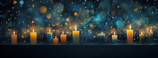 a blue background with three candles lit up, in the style of bokeh panorama, concert poster