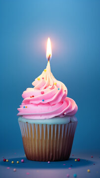 a cupcake with candle on a bright blue background, in the style of beeple, light sky-blue and pink