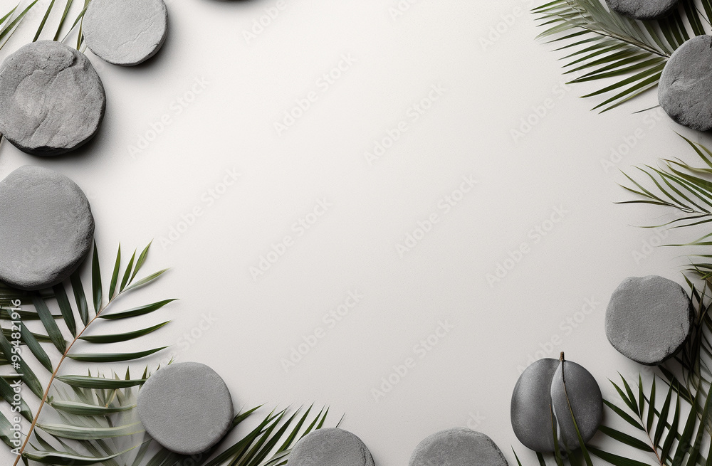 Canvas Prints a group of stones, palm leaves, and stones arranged in a circle & background copy space