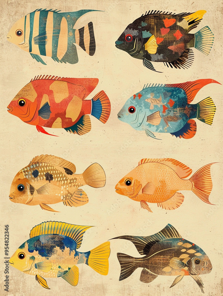 Poster A series of evolution posters of tropical fish, with soft colors and retro style, drawn