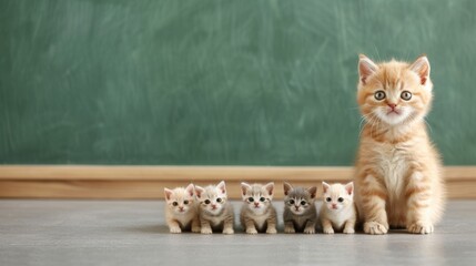 Kitten Classroom, Adorable lineup of five kittens sitting in front of a chalkboard, Cute back-to-school theme