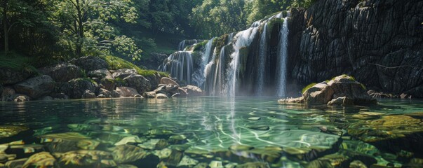 Forest waterfall cascading into a clear pool, 4K hyperrealistic photo