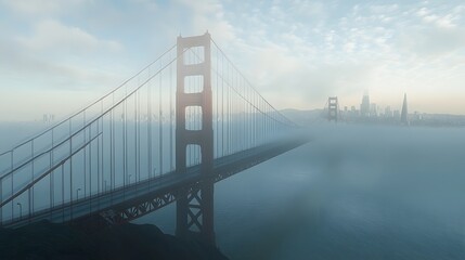 Fototapeta premium 72. **Render the Golden Gate Bridge during a foggy morning with the city skyline faintly visible in the background.**
