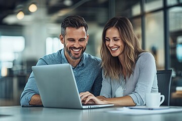 Man and woman collaborating on a laptop in a modern office setting