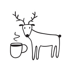 Cute deer and cup of coffee. Funny design. Outline illustration on white background.