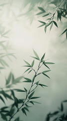 Naklejka premium An extremely tiny shadow of bamboo leaves swaying gently in the wind, with soft, flowing lines drawn in faint green ink