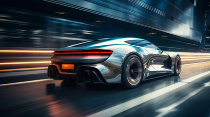 Obraz premium a silver sports car in a dimly lit building, in the style of soft edges and blurred details, high gloss