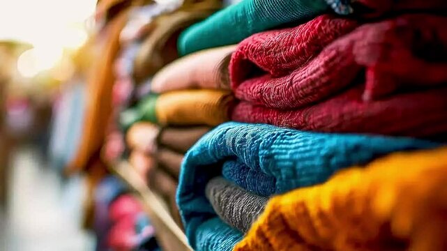 A close-up of a stack of  colorful blankets .