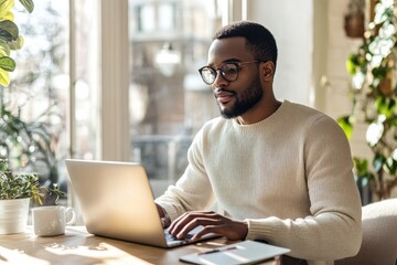 Man focused on laptop in a bright sunlit room with coffee and notebook