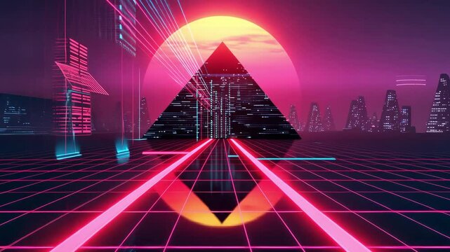 Futuristic Synthwave Landscape with Pyramid and Neon Sunset
