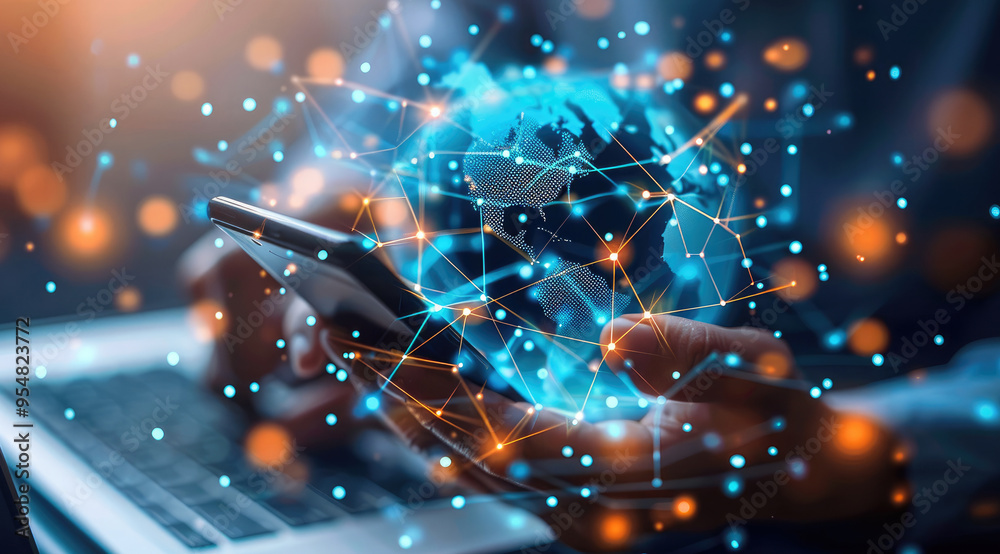 Poster a close-up of hands holding an smart phone, with digital connections forming around the globe and a 
