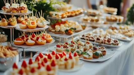 In a bright, airy garden setting, a buffet with savory cups and decorative displays offers a diverse selection of appetizers.