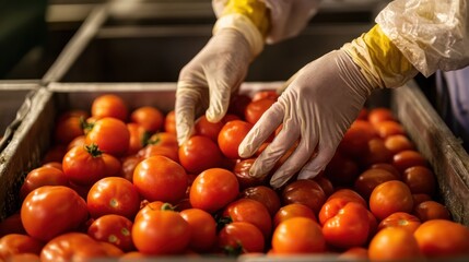 Hands wearing gloves, sorting through a bin of ripe tomatoes at a processing plant, emphasizing hygiene and quality in food production.