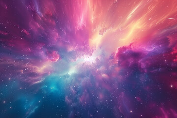 Naklejka premium Flying into a colorful and dynamic nebula in the outer space. Animation of a colorful bright galaxy with stars.