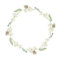 Watercolor Christmas wreath. A round frame with fir branches and pine cones. PNG clipart.