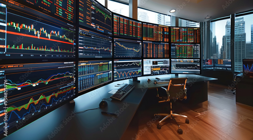 Poster A trading room with multiple screens displaying various steep. Generative AI.