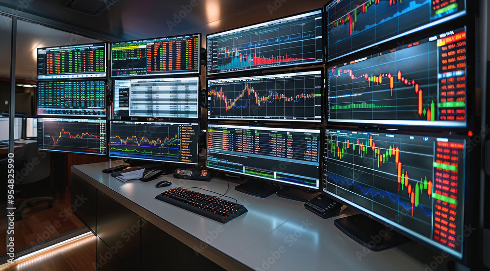 Poster A trading room with multiple screens displaying various steep. Generative AI.