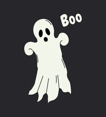 Ghost on dark background. Boo. Scarecrow. Halloween. Horror elements. Hand drawn shapes. Trendy doodle. Autumn. October 31. Saints' Day. Stickers and icons. Jack o lantern. Poster and banner. pumpkin.