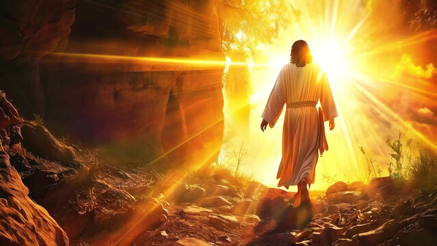 Resurrection of Jesus Christ art depicted in a powerful and divine scene, symbolizing eternal life and hope, new beautiful stock image illustration AI