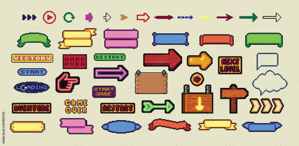 Poster pixel art frames. retro 8 bit buttons, arrows, speech bubble messages, food and quote frame. game ui
