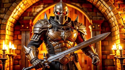 Armored warrior with a sword standing confidently in a dramatic medieval setting