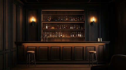 Dark and Moody Bar with Whiskey Bottles, Wooden Counter, and High Stools - Hyper-Realistic Canon EOS R5 Style. AI generated illustration