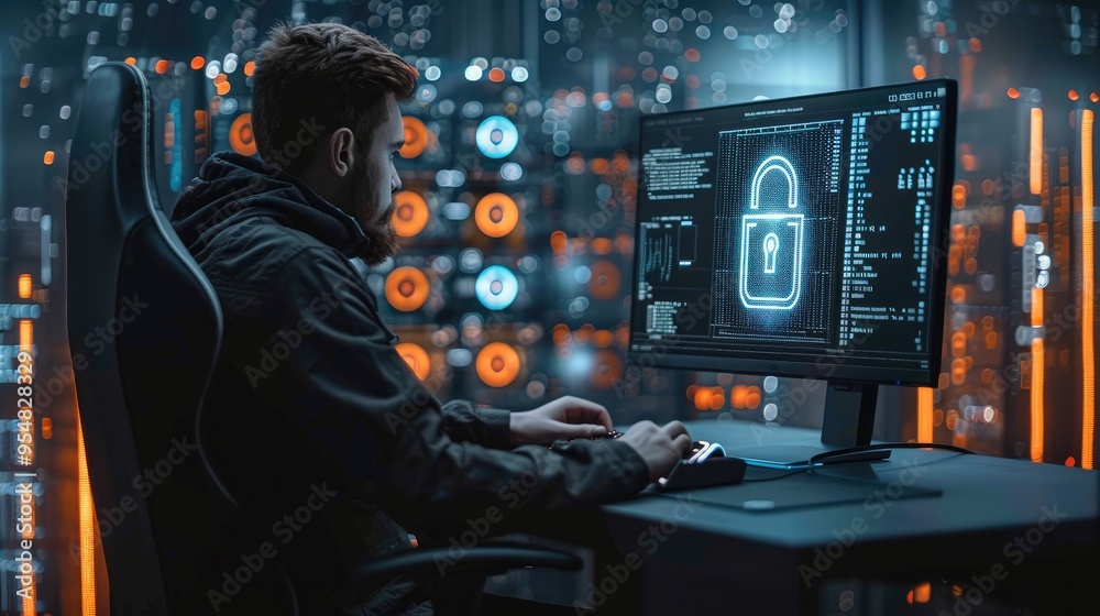 Poster cybersecurity specialist, sitting at a computer, cybersecurity, hacker, hologram in the form of a lo